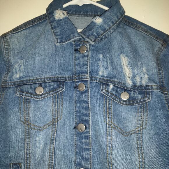 Rsq Denim Jean Jacket Women's S Distressed Medium Wash Blue Rips Trucker Pockets - Picture 6 of 16